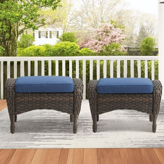 PARKWELL 2 Pieces Outdoor Patio Ottoman - All Weather Rattan Wicker Footstool Footrest Seat with Removable Cushions - Blue