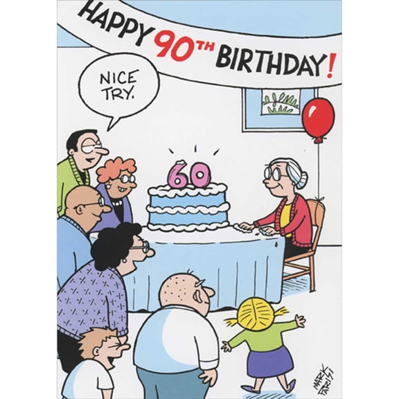 Oatmeal Studios Woman with Upside Down Candle on Cake Funny 90th Birthday Card for Woman