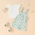 thumbnail image 2 of Zwiiyzr Toddler Baby Girl Clothes Ribbed Flutter Sleeve T-Shirt Daisy Floral Suspender Overalls Shorts Set 2Pcs Summer Outfits 1-5T Green, 2 of 3