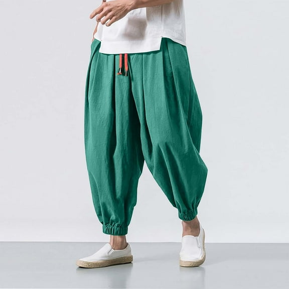 Conairie Harem Pants Men Casual Solid Color Drawstring Drop Crotch Cotton Linen Pants 2025 Fashion Loose Elastic Waist Lounge Pants Green L