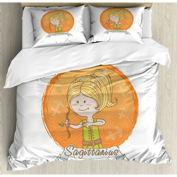 Zodiac Sagittarius King Size Duvet Cover Set, Cartoon Style Girl on a Warm Colored Background with Lines Zodiac Banner, Decorative 3 Piece Bedding Set with 2 Pillow Shams, Multicolor, by Ambesonne