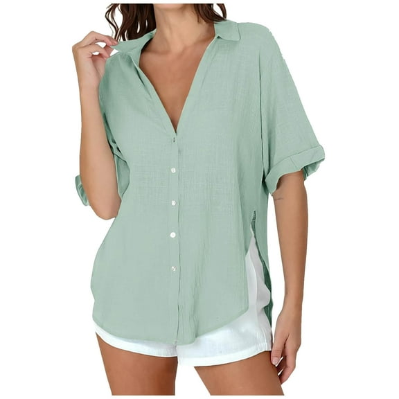 jtjvou Women's Short Sleeve Tops Summer Button Down Collared T Shirts Casual Cute Ladies Tees Green M