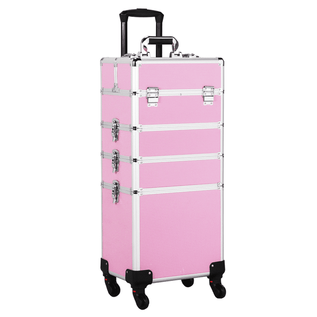 Yaheetech Aluminum Rolling Cosmetic Makeup Train Cases Trolley Professional Artist Organizer Box Kit, Pink
