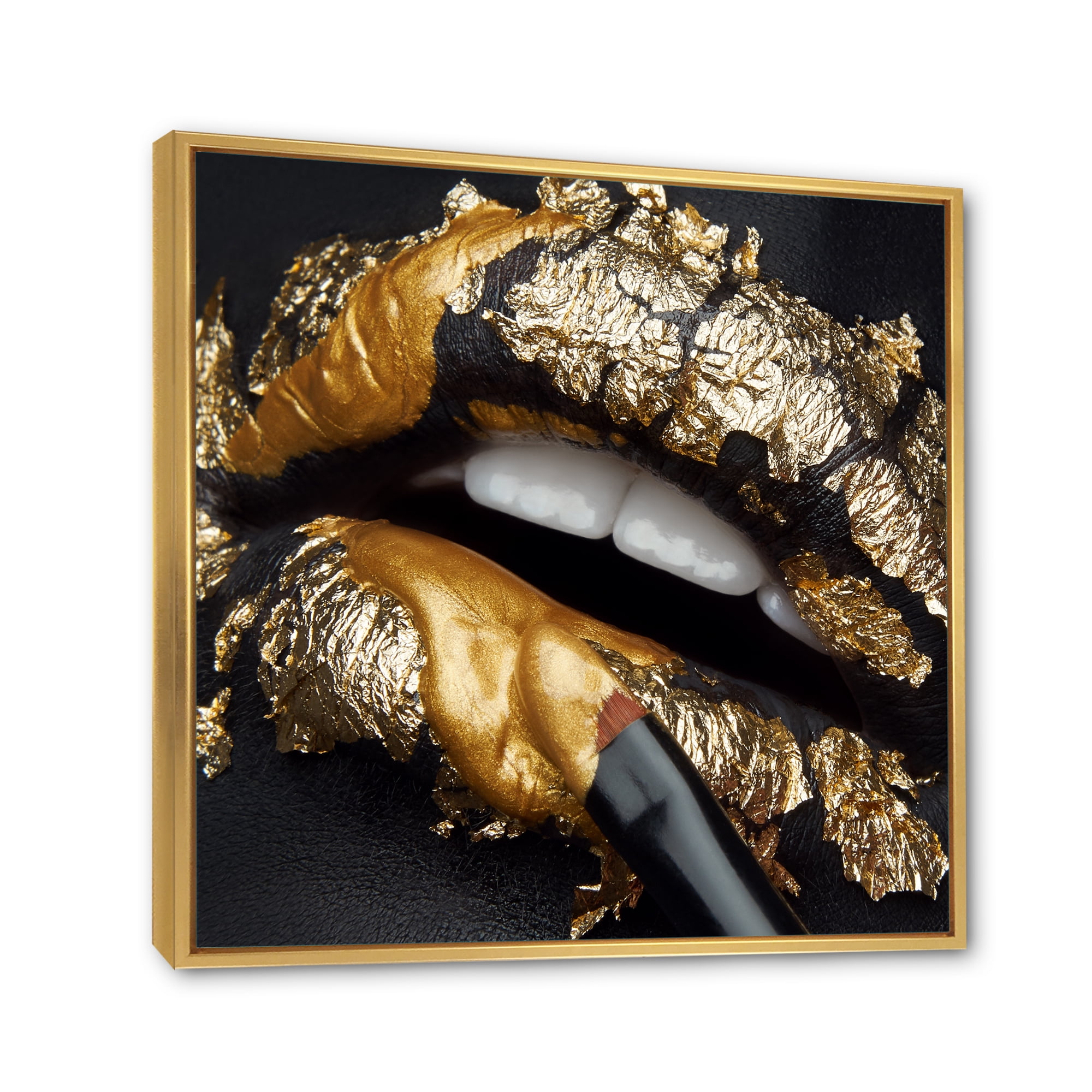 Designart 'Female Lips With Black Leather and Gold Foil' Modern Framed Canvas Wall Art Print