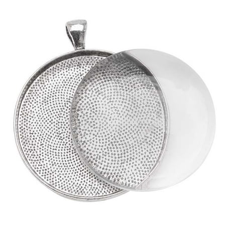 - Antiqued Silver Plated Round Bezel With Glass Round Cabochon 38mm - Pendant Set