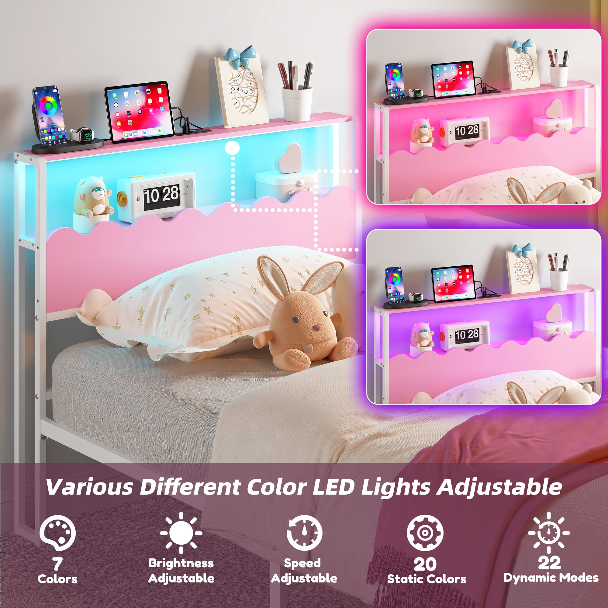 Yoneston Girl’s Twin Size Metal Platform Bed with Wave Shaped 2-Tier Storage Headboard, LED Light & Power Station for Kids, Teens, Pink & White
