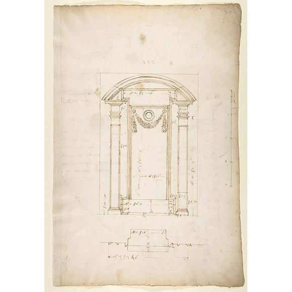 San Lorenzo, New Sacristy, niche frame, tabernacle, plan and elevation (recto) San Lorenzo, New Sacristy, entablature, cornice, and base of niche, profiles (verso) Poster Print (18 x 24)