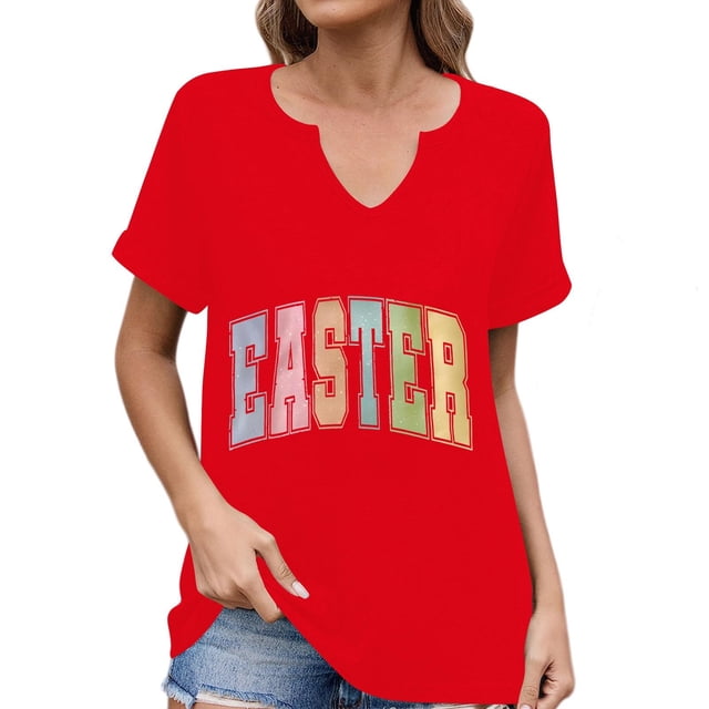 Corto para las Mujeres Casual Verano 2025 Pascua Impresión V-Cuello Camiseta, Ligero 95% Poliéster 5% Spandex Top para Toda la Temporada Hogar Y Diario