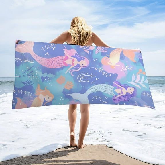 Ocean Cute Mermaid Oversized Beach Towel XL Pool Camping Swim Towels 32''x63'' Soft Blanket Accessories Must Vacation Necessities Adult