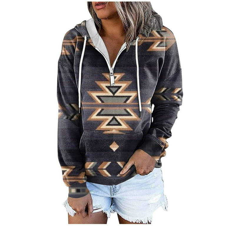 YYDGH Women Vintage Aztec Print Oversized Sweatshirt Relaxed Fit Pullover Hooded Tops Kangaroo Pocket Half Zipper Y2k Jumper Tops 80s Fashion(Navy,L)