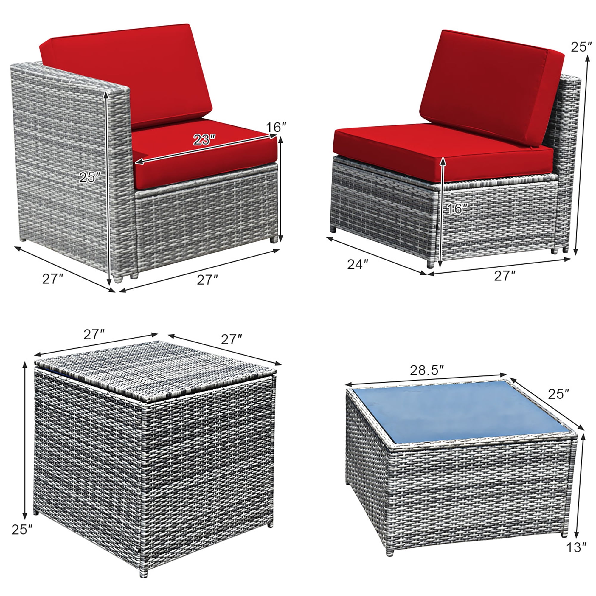 Costway 8 PCS Wicker Sofa Rattan Furniture Set Patio Furniture w/ Storage Table Red