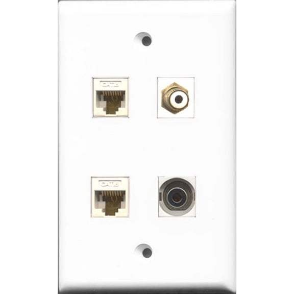 RiteAV 1 Port RCA White and 1 Port 3.5mm 2 Port Cat6 Ethernet White Wall Plate