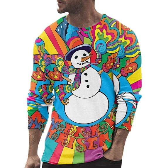 FOCUSNORM Men Christmas T-shirt Long Sleeve T-shirt Crew Neck Santa Claus Snowman Print Slim Fit Streetwear