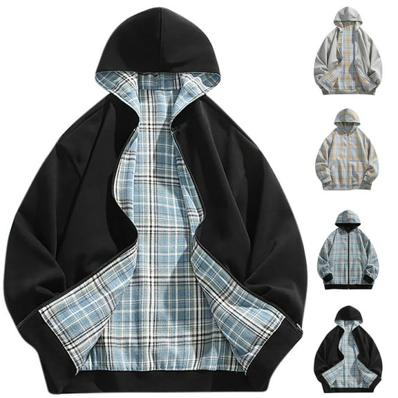 Miluxas Men Hooded Jackets Coat Trendy Full Zip Up Two-Sided Plaid Jacket Sweatshirt Oversized Thicken Winter Outerwear Gray