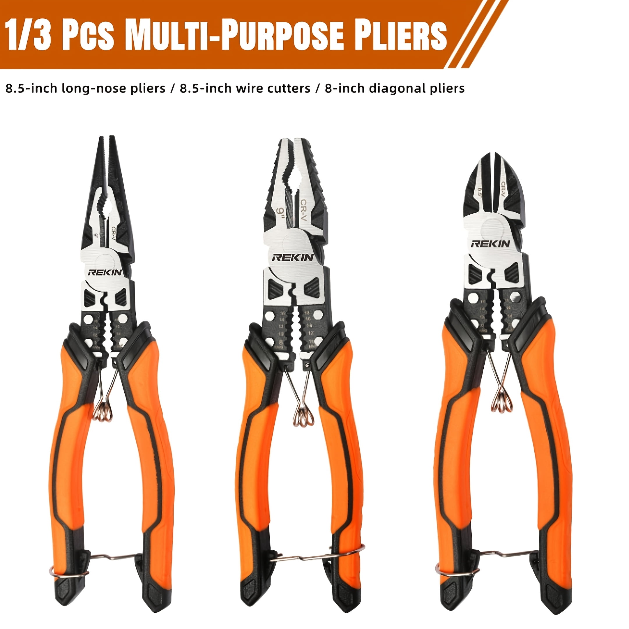 1/3pcs Industrial-Grade Multi-Functional 9-in-1 Pliers Or Set, 8.5" Long-Nose Pliers, 8.5" Wire Cutters, 8" . Suitable For Electrical Work, Auto Repair, Home Improvement, And Cutting Applications.