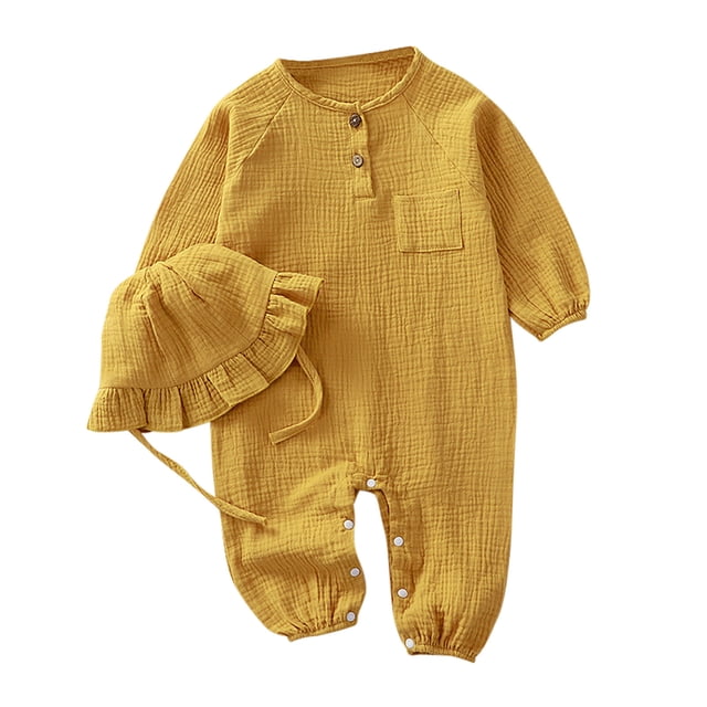 UANWENN Girls Boys Linen Long Sleeve Rompers Button Down Baby Girls Summer Clothes With Ruffled Bonnet Hat Boy Summer Baby Clothes 24 Month Clothes for Boys Preppy Baby Boy Clothes Baby Easter Shirt