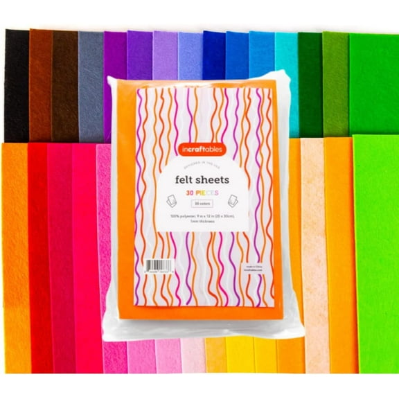 Incraftables Assorted Stiff Polyester Craft Felt Sheets Variety Pack (30 Pieces) 9” x 12”