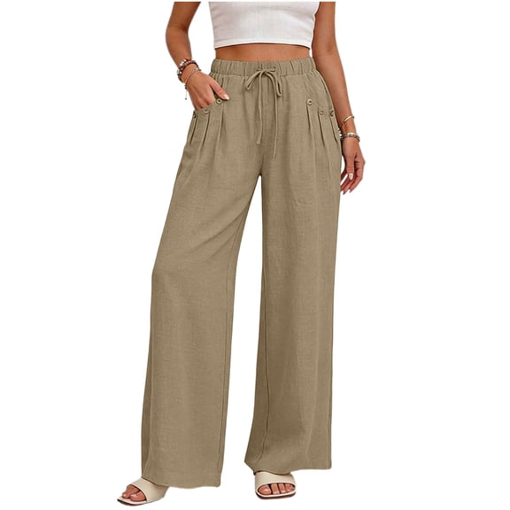 Vivianyo HD Women's Solid Pleated Button Pocket Wide Leg Casual Long Pants, Womens Summer Lightweight Drawstring Waist Full Length Trousers for Travel Vacation Daily Wear, Sizes S-2XL