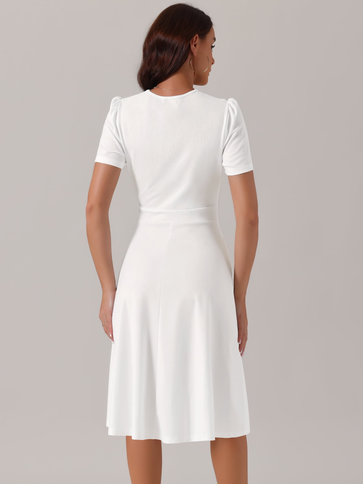 Unique Bargains Women's Summer Wrap V Neck Puff Short Sleeve Midi Swing Dress M White