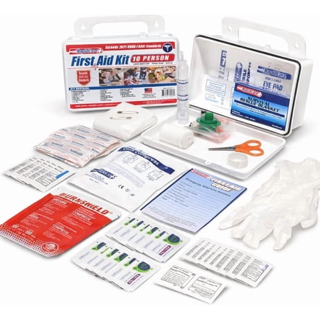 Rapid Care 10-Person First Aid Kit - OSHA/ANSI 2021 Compliant Emergency Kit for Workplace, Construction, Industrial & Office - Includes CPR Mask, Cold Compress, Eye Pad, Rescue Blanket & More