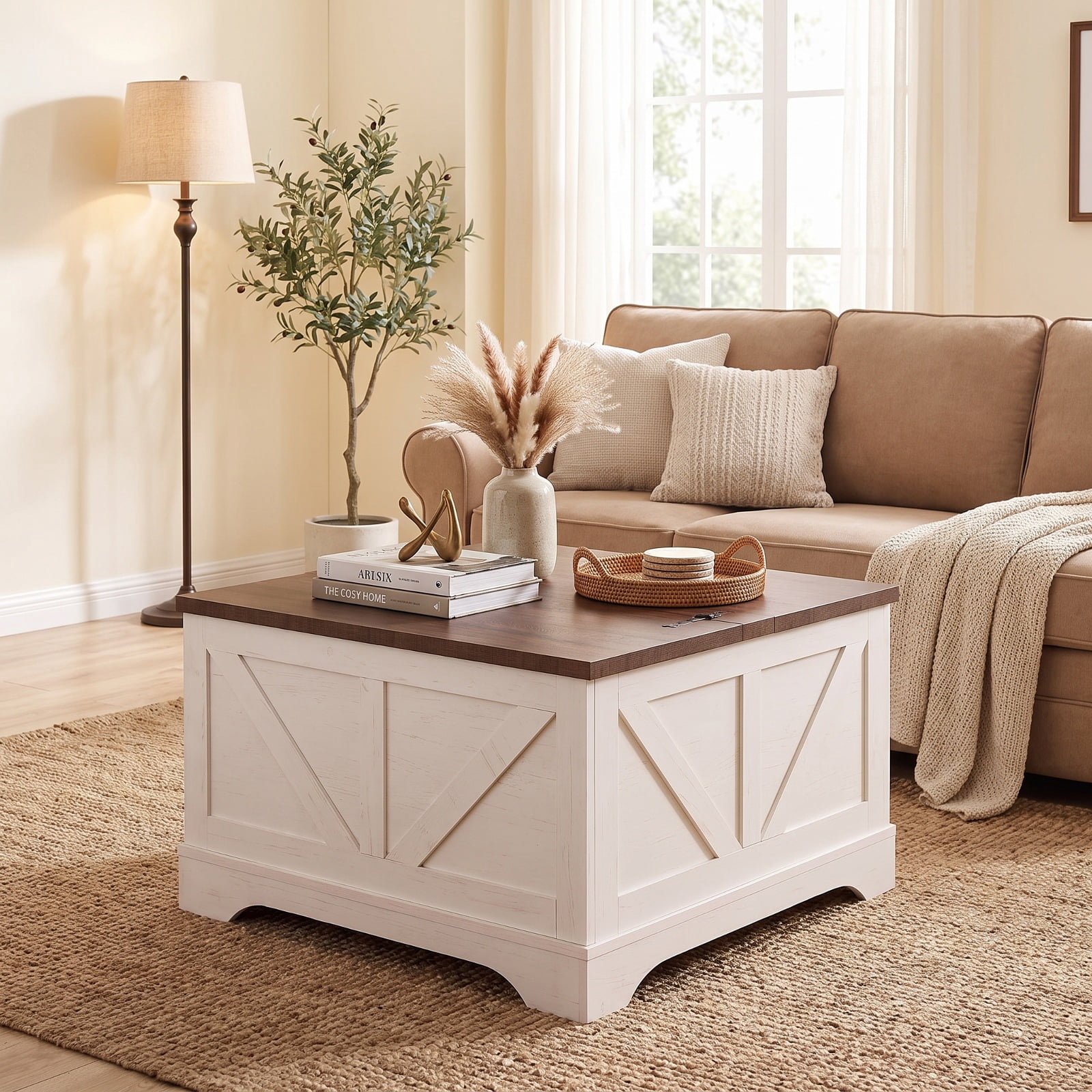 Furnibear 31.5 Inch Square Lift Top Coffee Table with Hidden Compartment and Barn Door Design a Living Room Center Table, Rustic Brown
