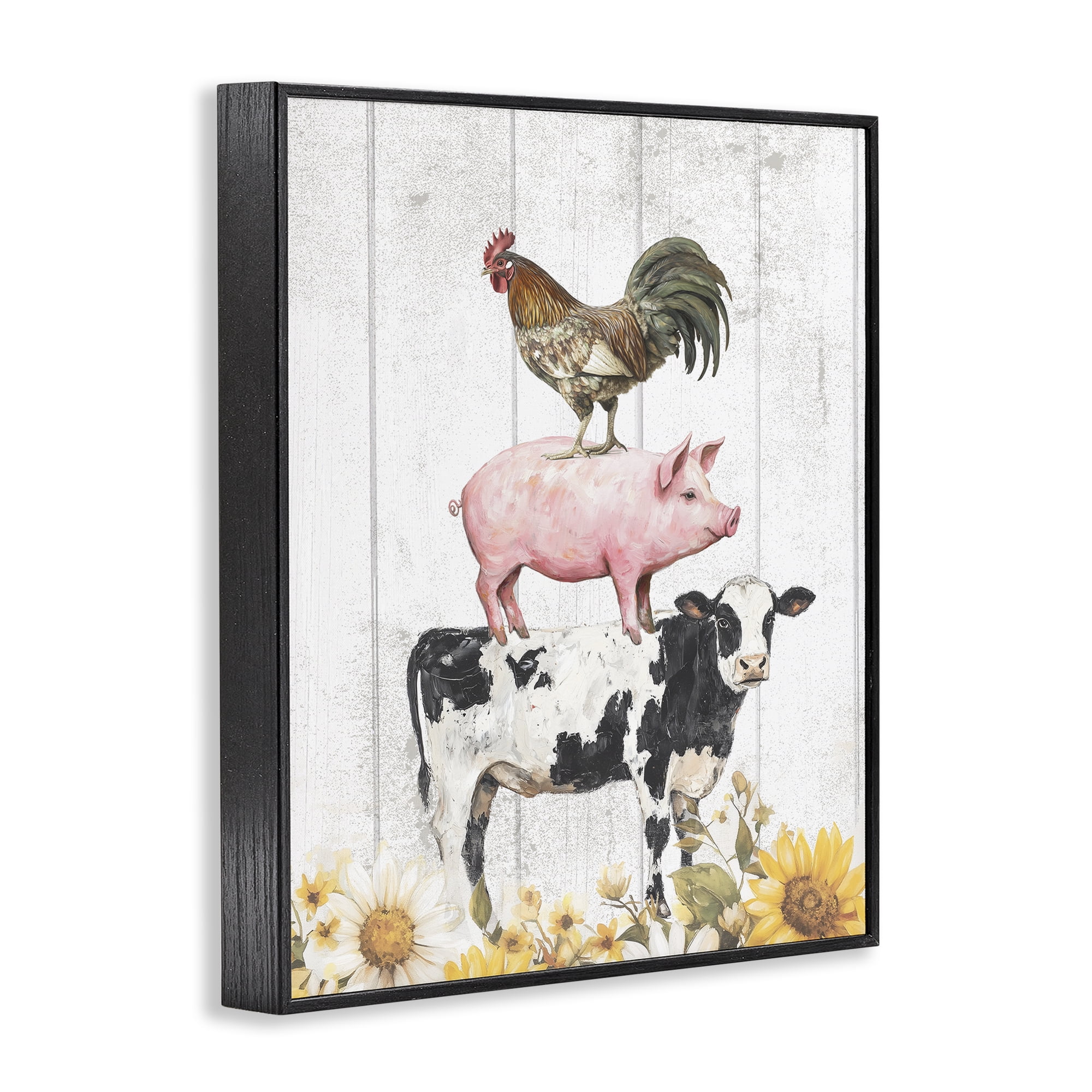Stupell Industries Farm Animal Stack and Sunflowers Black Framed Giclee Art, design by Christine Simpson Art