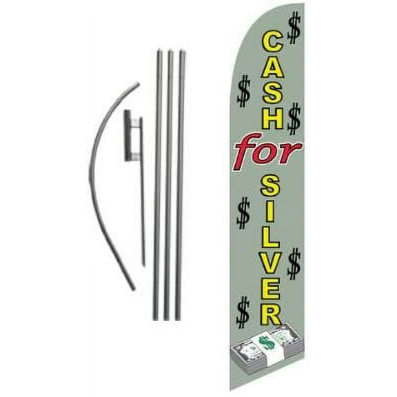Cash for Silver 15ft Feather Banner Swooper Flag Kit - INCLUDES 15FT POLE KIT w/GROUND SPIKE