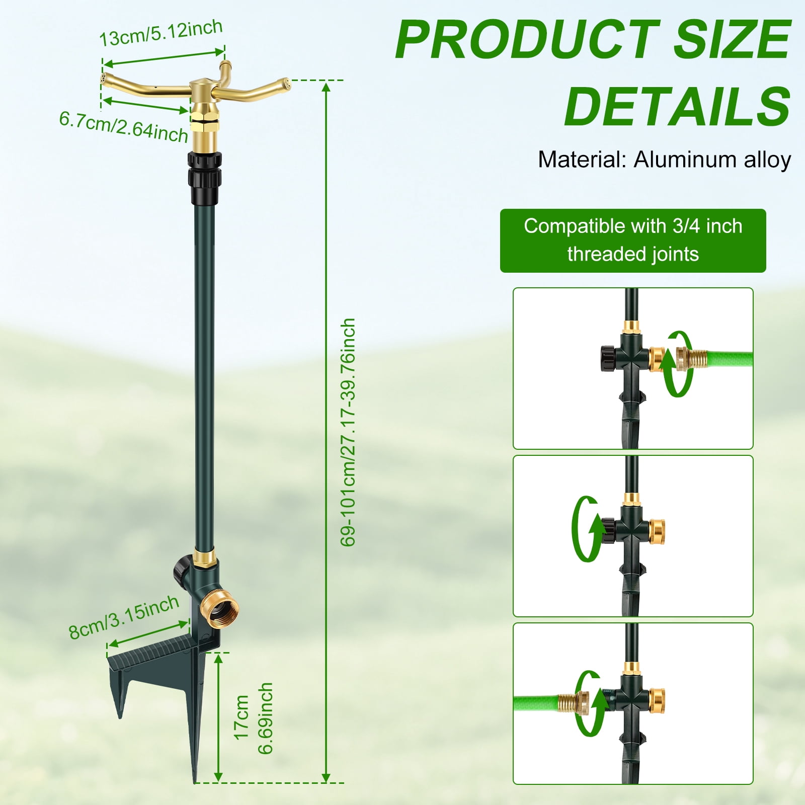 3 Arm Garden Sprinkler 360 Degree Rotation Water Sprinkler Aluminum Alloy Lawn Sprinkler with Adjustable Telescoping Rod and Spike Base Irrigation Tool for Large Area Yard Lawn Garden