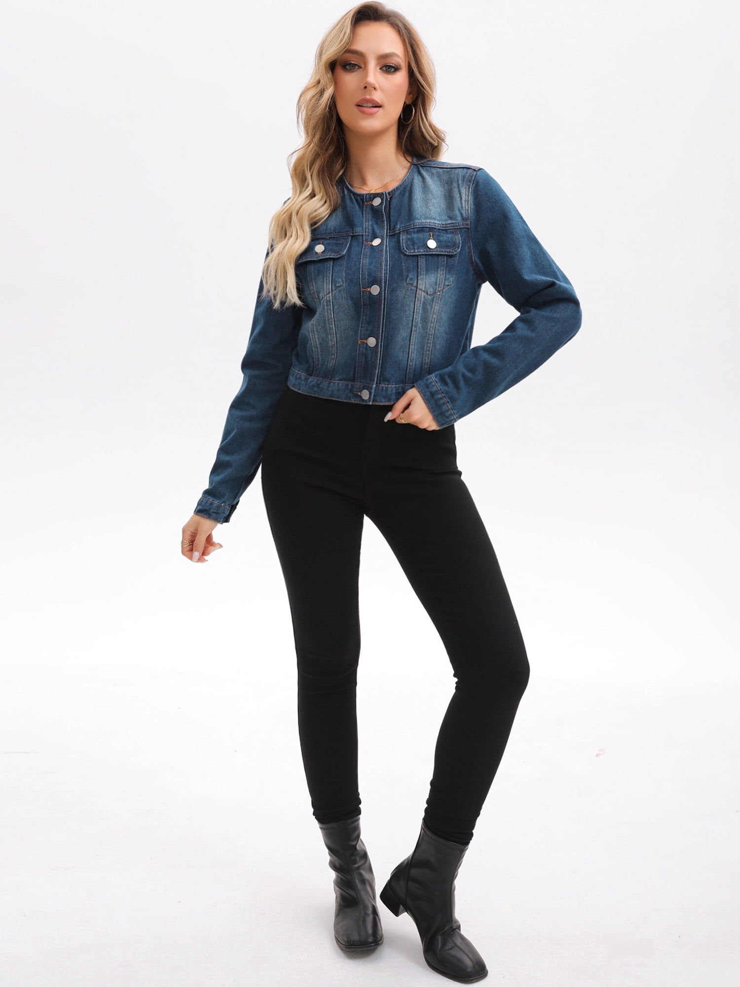 DARING DIVA Women's Collarless Button Down Long Sleeve Denim Jacket S Dark Blue