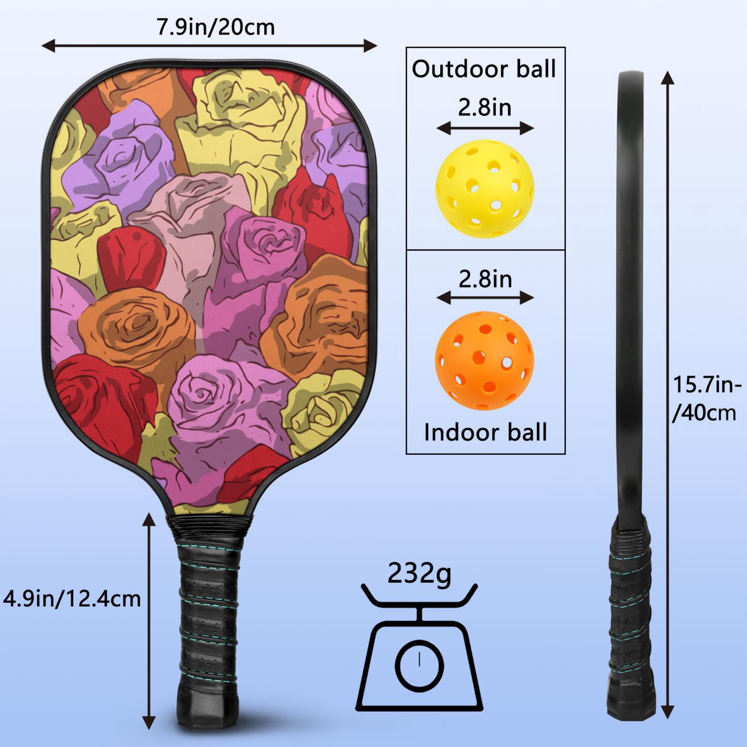 Pickleball Paddles Set Of 1, Fiberglass Surface, Rose Flowers Print, 1 Paddle, 2 Balls & Bag