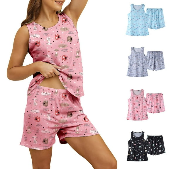 Womens Cotton Pajama Set Tank Top and Shorts Summer Sleepwear Comfortable Lounge Set