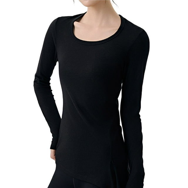 Camiseta Deportiva de Larga para Mujer, Cuello Redondo, Corte Ajustado, Ideal para Yoga y Otras Actividades Al Aire Libre Negro XL