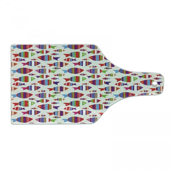 Fish Cutting Board, Underwater Aquarium Inspired Pattern with Vibrant Striped Fishes Opposite Directions, Tempered Glass Cutting and Serving Board, Wine Bottle Shape, Multicolor, by Ambesonne