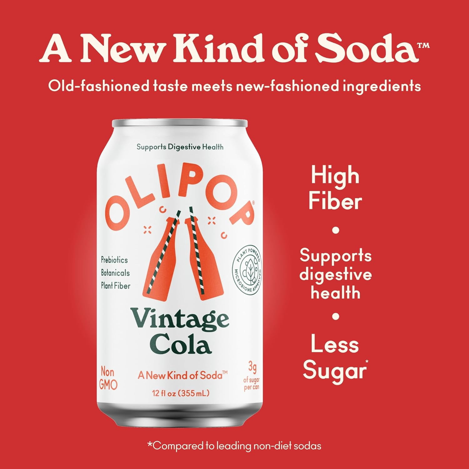 (12 pack) OLIPOP Prebiotic Soda, Vintage Cola, 12 fl oz, Pantry Packs