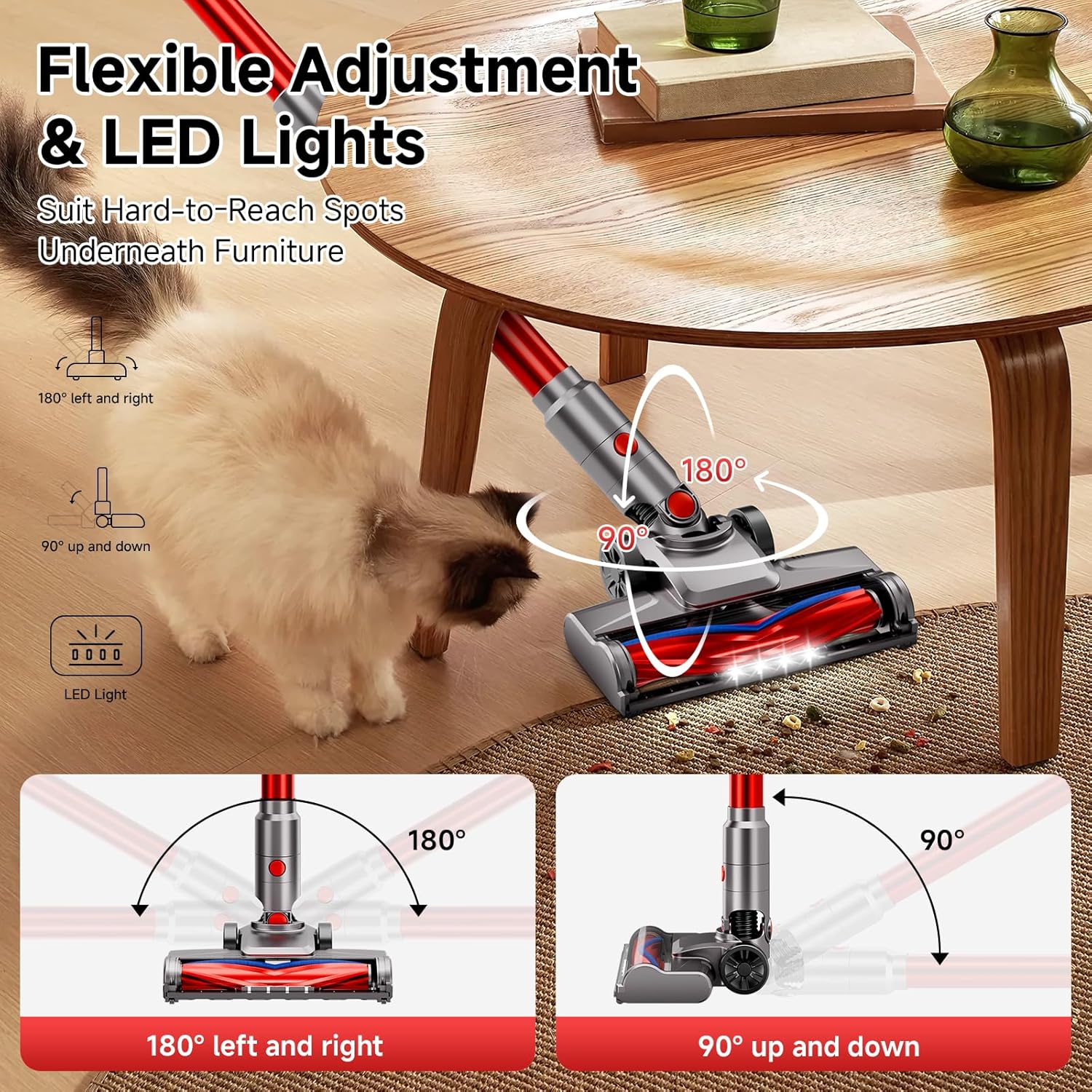 BSNAW Cordless Vacuum Cleaner, 8-in-1 Lightweight Self-Standing Stick Vacuums, Max 45Mins Runtime, Anti-Tangle Stick Vacuum Cleaner for Hard Floor, Carpet, Pet Hair, Red