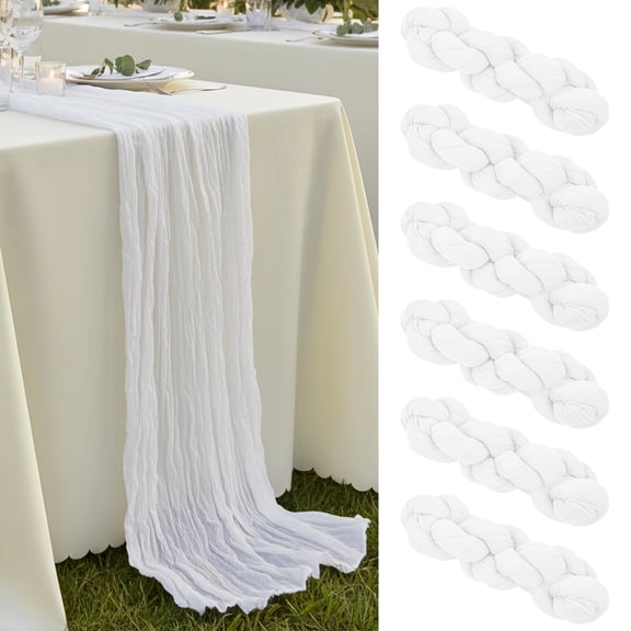 6 Pcs White Cheesecloth Table Runners, 15.7x108.3" Long Bohemian Table Decors, Rustic Cotton Gauze Sheer Table Runners for Weddings, Bridal Showers, Birthday Parties