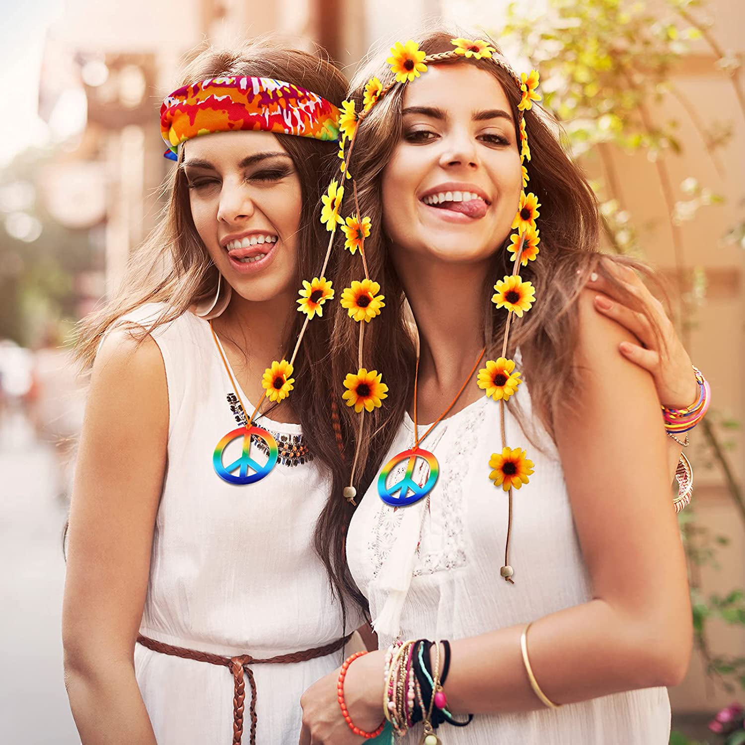 FUTTMI 6 Pieces Hippie Costume Set Glasses Peace Sign Pendant Earring Tie Dye Headband 