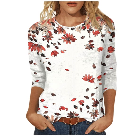 HomeGardon 3/4 Length Sleeve Womens Tops,Plus Size Spring Clothes for Women Fashion Women's Casual Print Round Neck 3/4 Sleeve T-shirt Blouse,S-XXXXXL