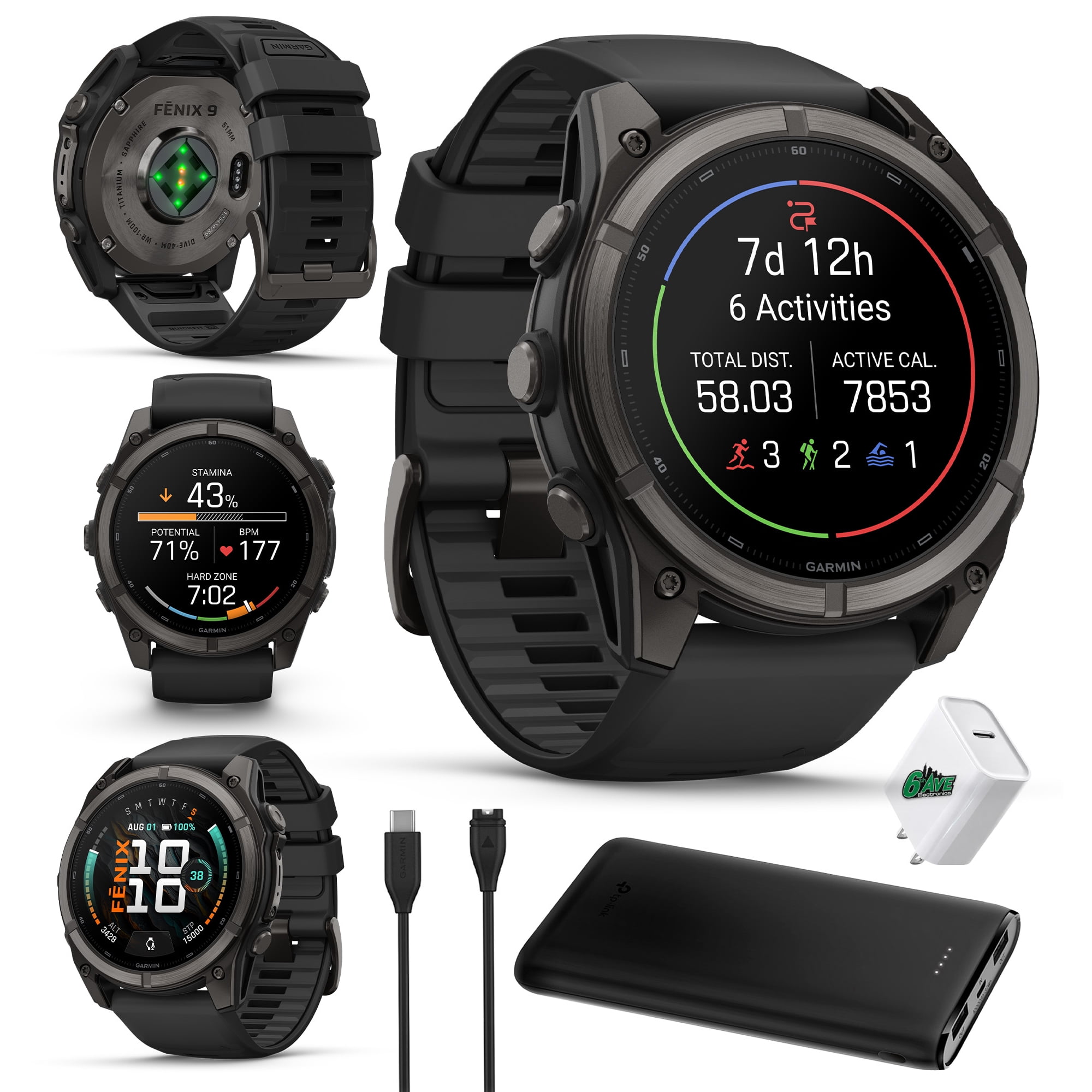 Garmin Fenix 9 51mm Carbon Gray DLC Titanium GPS Smartwatch Bundle