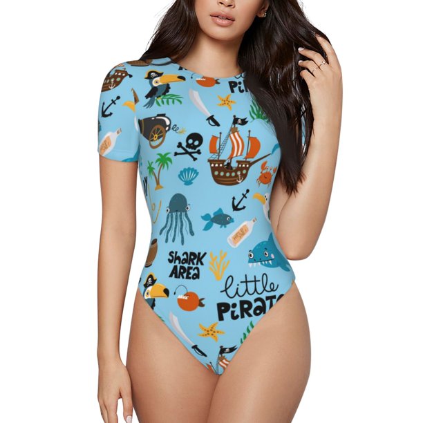 Fotbe Animal Pirate Body de Mujer con Cuello Redondo y Mangas Cortas, Sin Mangas Ajustado, Suave, Cómodo y Básico-X-Large
