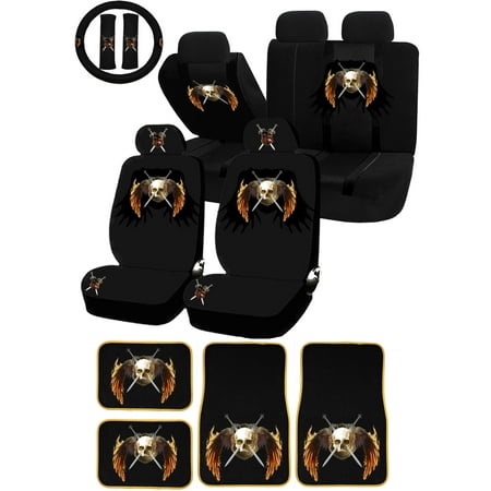 22PC Death Coat of Rams Skull Knights Universal Seat Covers & Carpet Floor Mats Set Car Truck SUV