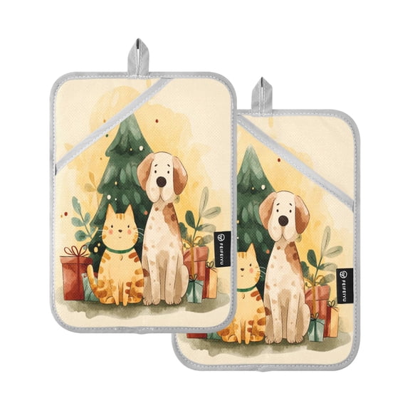 2 Pack Pot Holders for Kitchen Heat Resistant Hot Pads Sets for Cooking Baking Cat and Dog with Christmas Tree