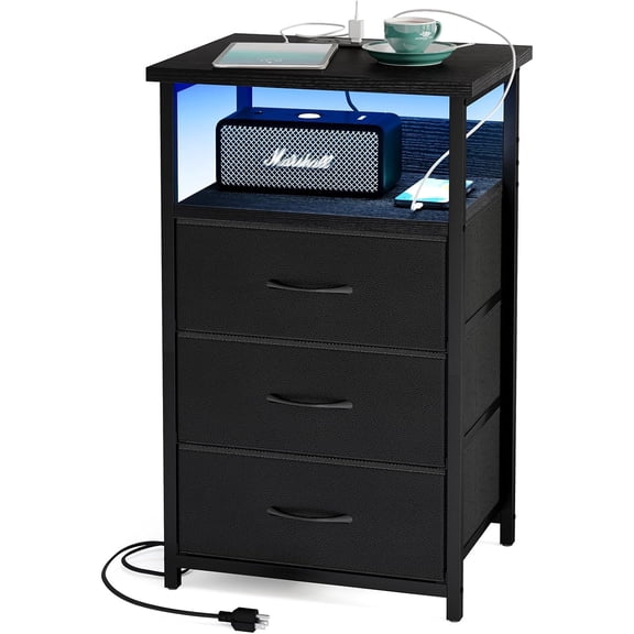 Night Stand with Charging Station, LED Nightstand with U-S-B Ports and Outlets, 3 Fabric Storage Drawers with PU Finish, Bedside Table, Black