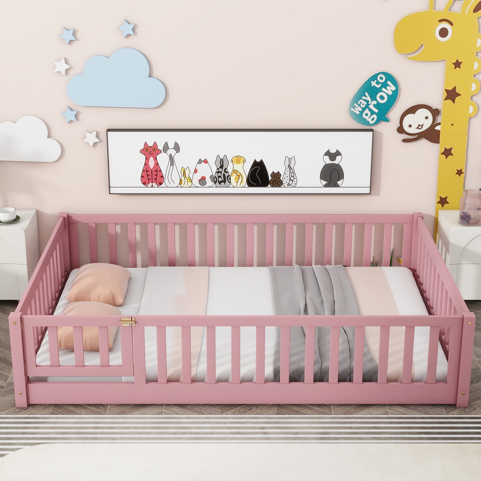 PAPROOS Full Size Floor Bed, Solid Wood Floor Platform Bed with Slat, Fence Guardrail and Door, No B(图2)