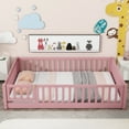 thumbnail image 2 of PAPROOS Full Size Floor Bed, Solid Wood Floor Platform Bed with Slat, Fence Guardrail and Door, No Box Spring Needed, Toddler Bed Montessori Bed, Full Bed Frame for Kids, Boys, Girls, Pink, 2 of 7