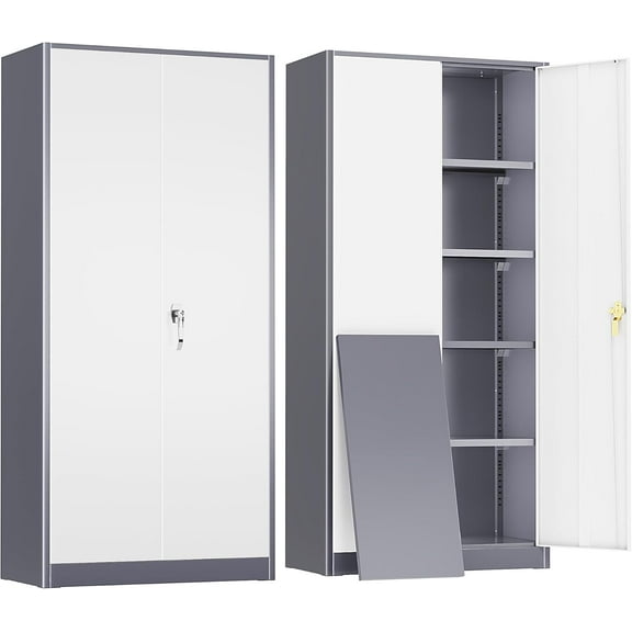 SUNCROWN Metal Storage Cabinets with Lock, 72" Locking Garage Cabinet with 2 Door and 4 Adjustable Shelves, Locking Tool Cabinets for Office,Home,Garage,Gym,School (Grey White)