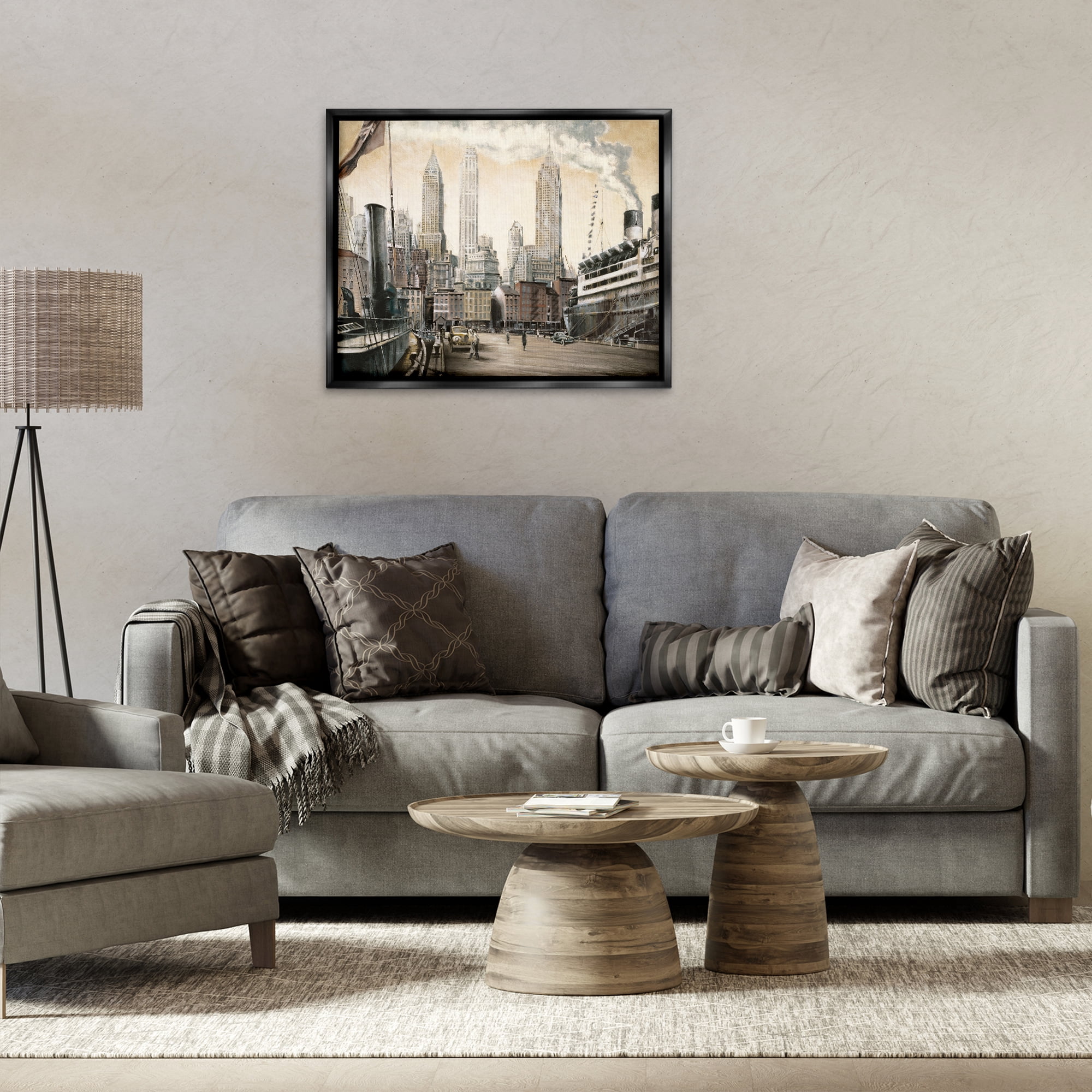 Stupell Industries Urban Boat Harbour Scenery Painting Black Floater Framed Art Print Wall Art, 31 x 25