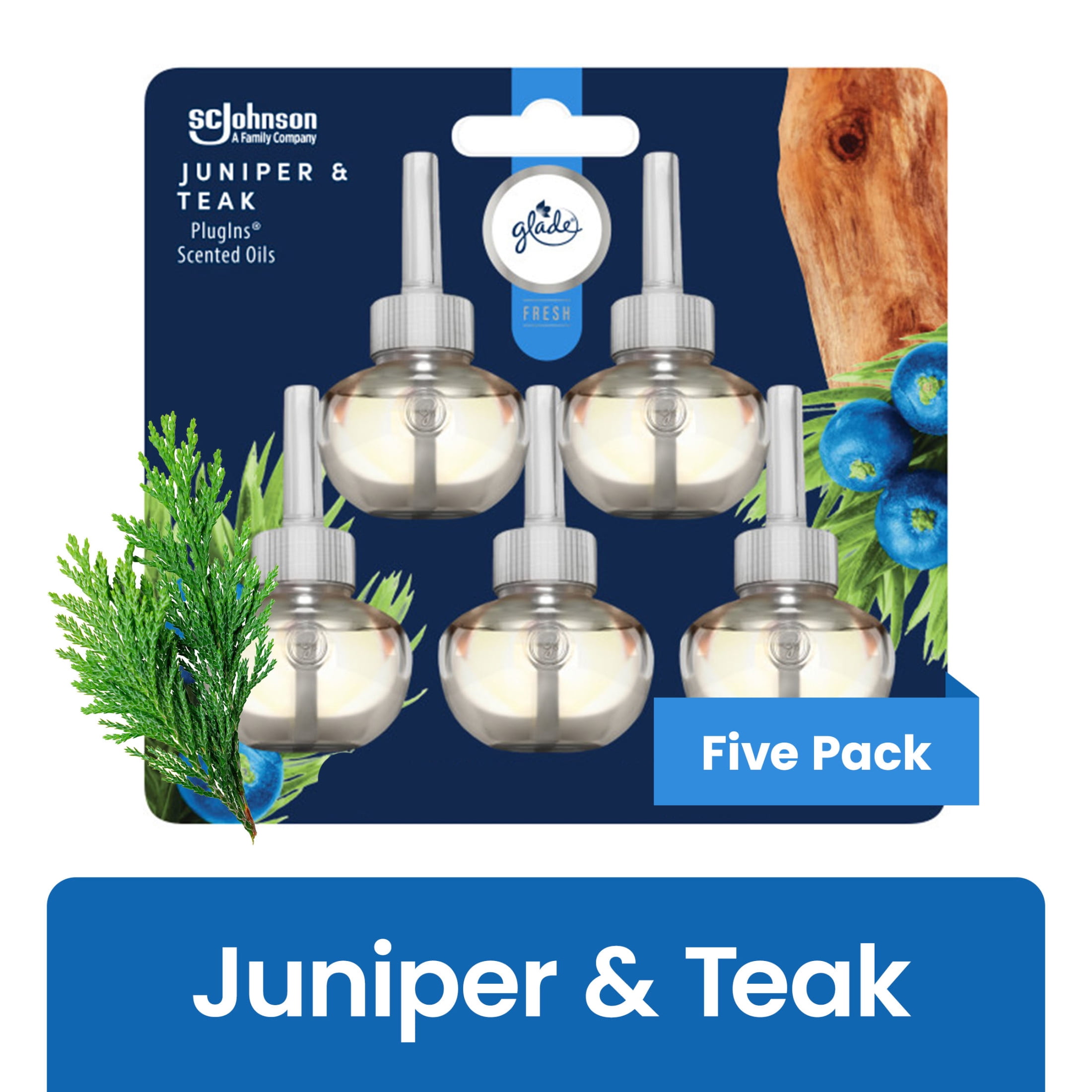 (5 pack) Glade PlugIns Scented Oil Refills, Air freshener, Juniper & Teak, Infused with Essential Oils, 0.67 oz, 5 Count
