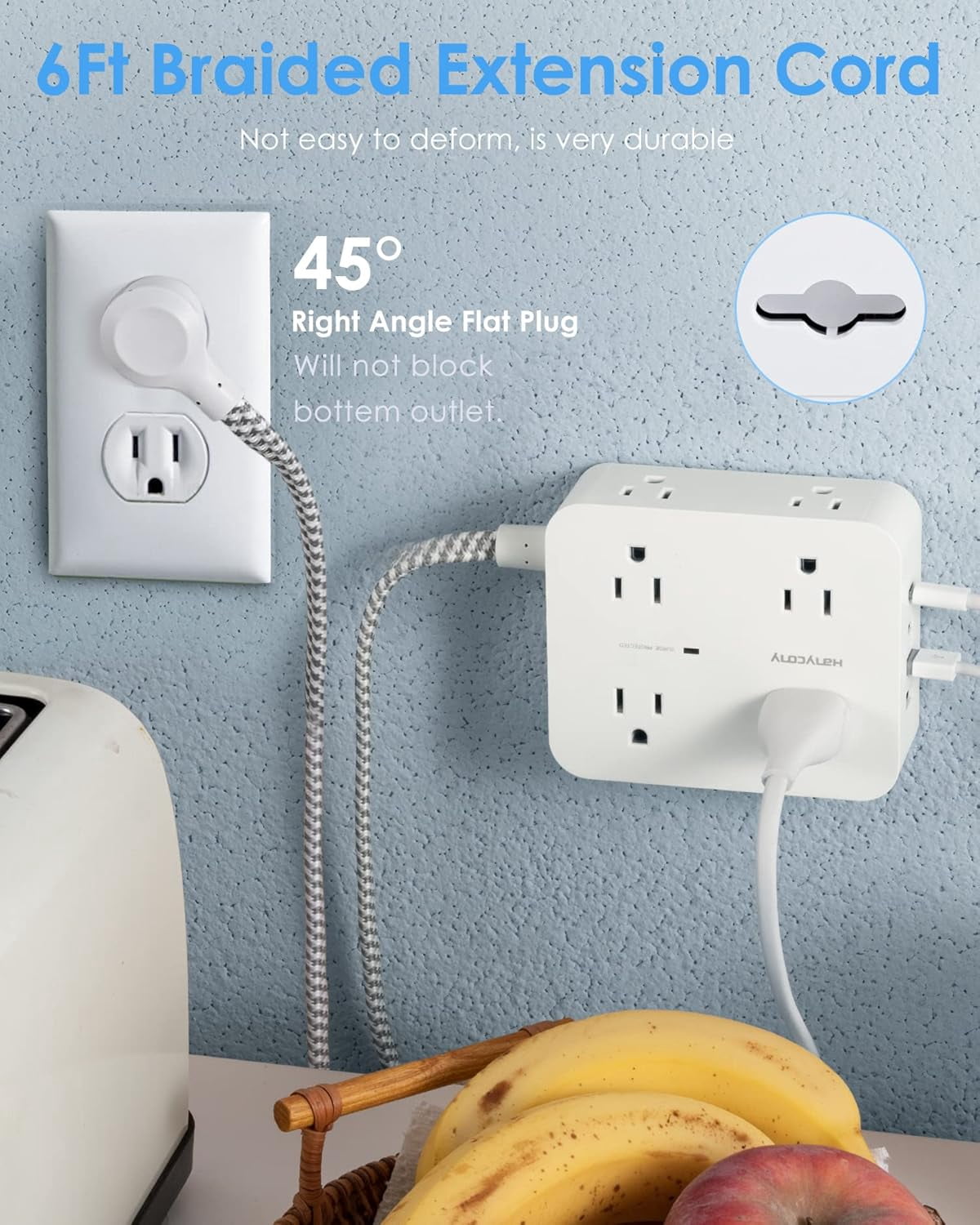 HearthHarmony 6Ft Surge Protector Power Strip with USB C Extension Cord with 8 Outlets(2.2 IN) 4 USB Ports(2 USB C) Flat Plug Wall Mount 3Side Outlet Extender for Home Dorm Room Essentials ETL Listed