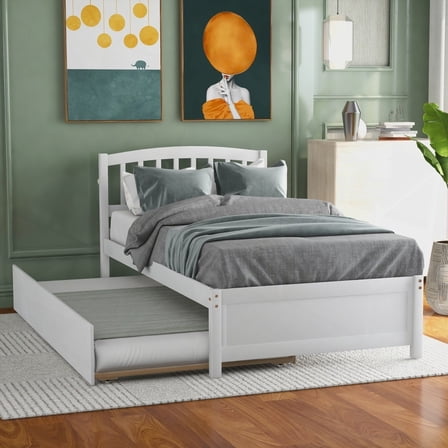 White Twin size Platform Bed having Trundle & Durable Pine Frame